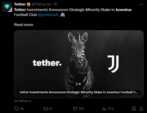 The Stablecoins giant invests in the Juventus of Turin football club 