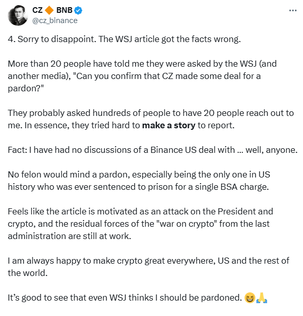 Changpeng "CZ" Zhao denounces the unfounded stews of the Wall Street Journal on Binance and Trump.