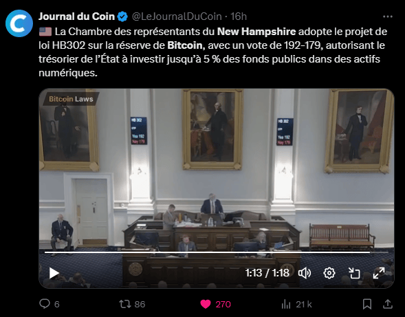 The New Hampshire joins the list that selongs US states every week that are similar to a bitcoin reserve. 