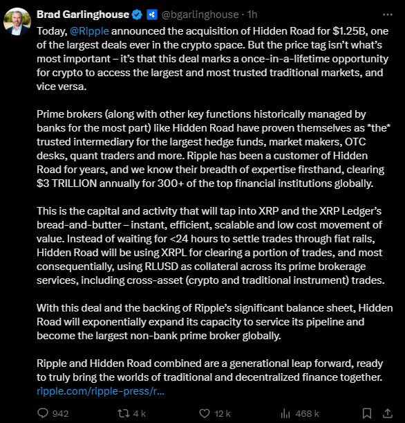 The boss of Ripple, Brad Garlinghouse, was delighted with the acquisition of Hidden Road by his business. 