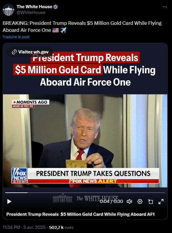 On board 'Air Force One, President Donald Trump announced the imminent launch of his new Gold Card, a $ 5 million visa for foreign investors wishing to settle in the United States.