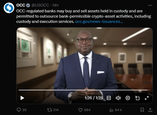 The Office of the Comptroller of the Currency (OCC) has just announced that American banks will now be authorized to manage their customers' crypto and to subcontract certain activities related to digital assets to third parties.