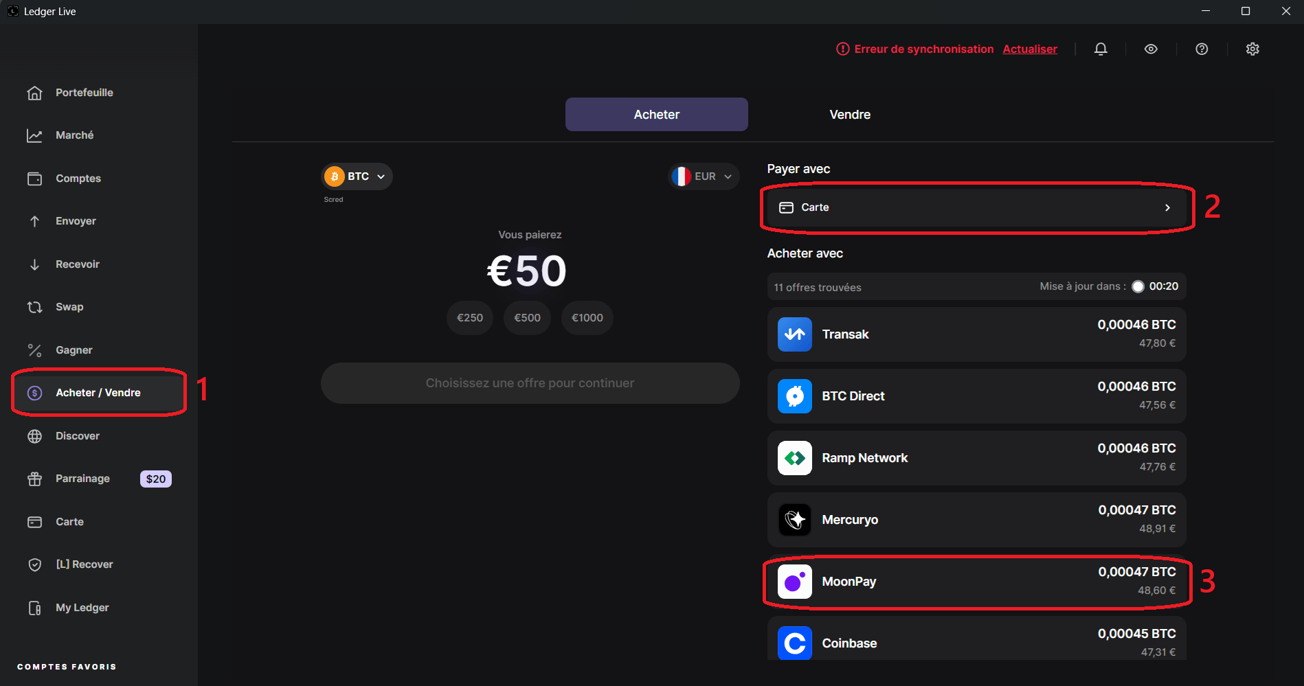 Use of Moonpay via Ledger Live
