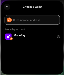 Selection of the reception address on Moonpay