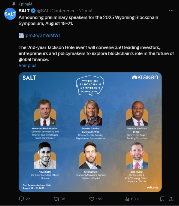 The son of the President of the United States, Eric Trump, is known for his overflowing enthusiasm about Bitcoin who notably pushed him to embark on the mining sector with his American Bitcoin company. And, while emblematic cryptocurrency recently exceeded $ 124,000, it remains convinced that it is only the beginning. According to its estimates - and convictions - the BTC may well reach $ 175,000 by the end of the year. But that's not all! At the Salt conference in Jackson Hole, he even mentioned a potential price of $ 1 million.