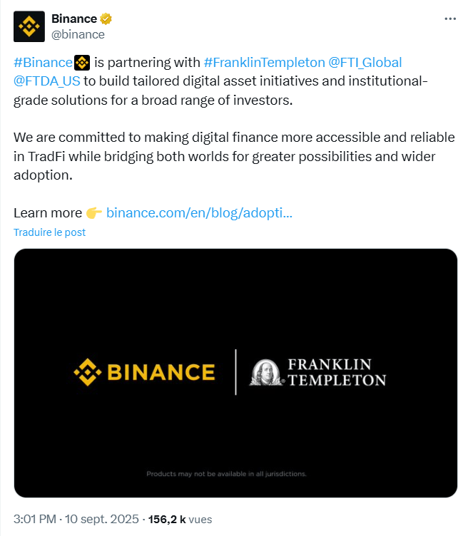 Binance and Franklin Templeton combine to accelerate tokenization and the fusion between crypto and traditional finance.