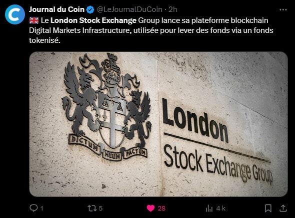 The London Stock Exchange (LSE), the London Stock Exchange, has just announced the launch of a new blockchain platform called Digital Markets Infrastructure (DMI). Developed in partnership with Microsoft, this infrastructure aims to revolutionize the management of private funds by using blockchain technology to improve the efficiency and transparency of financial transactions.
