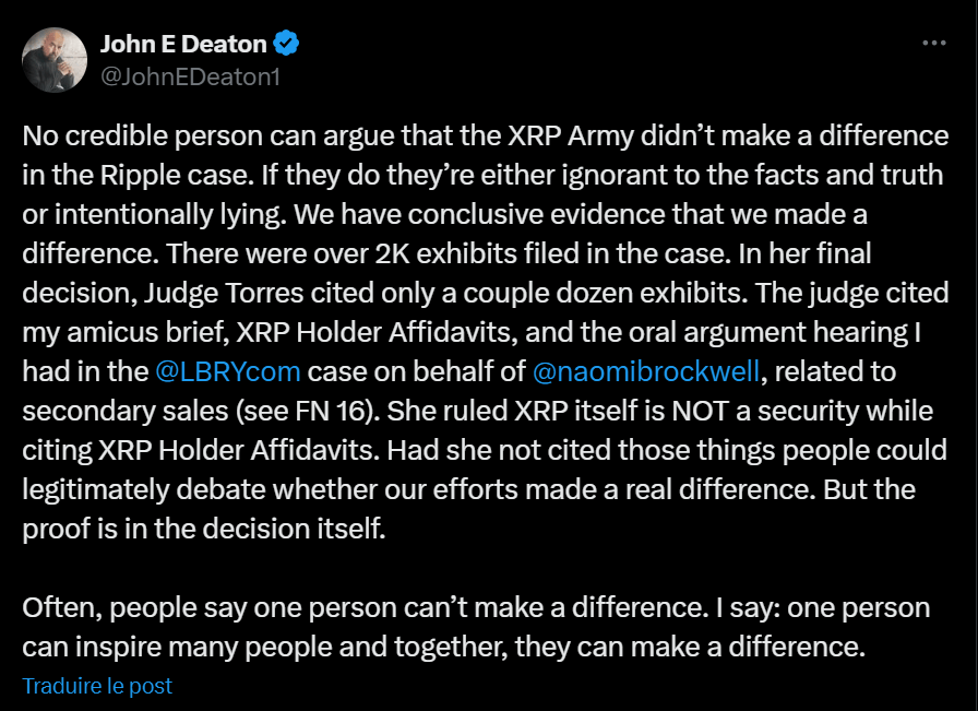 The trial between Ripple Labs and the Securities and Exchange Commission (SEC) of the United States finally ended last August, with an overwhelming victory of the XRP issuer. According to the famous lawyer John Deaton, this happy outcome is notably due to the mobilization of the XRP community, which provided important elements for the defense of Ripple.