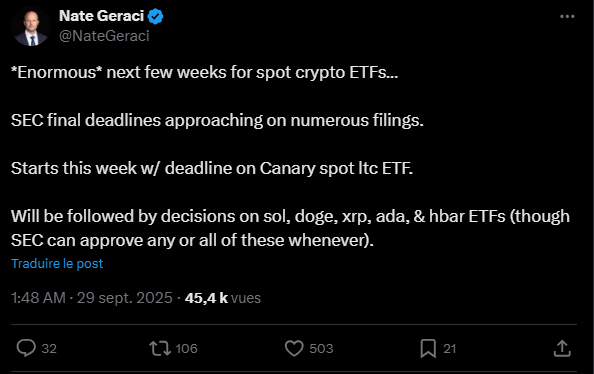 We could be on the point of living a potentially historic month of October, marked by an influx of new funds negotiated on the stock market (ETF) on digital assets. The Security and Exchange Commission (SEC) must indeed make its final decisions on no less than 16 ETF dedicated to cryptocurrencies, a period qualified as 