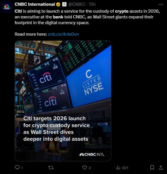 American banks are switching to cryptocurrency one after the other and today, Citi has just announced it. After Morgan Stanley which opens ETFs to its clients, JPMorgan which makes purchasing easier for its clients or Bank of America which wants to launch its own stablecoin, it is another size of the US banking sector which is now looking into a crypto custody service.