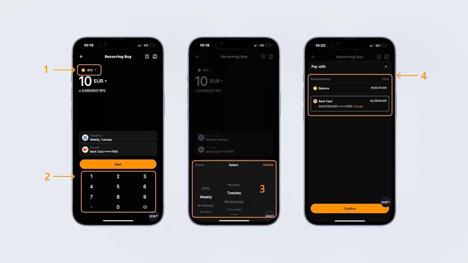 Setting up a recurring purchase of BTC on the Bybit mobile application for 10 euros every Tuesday