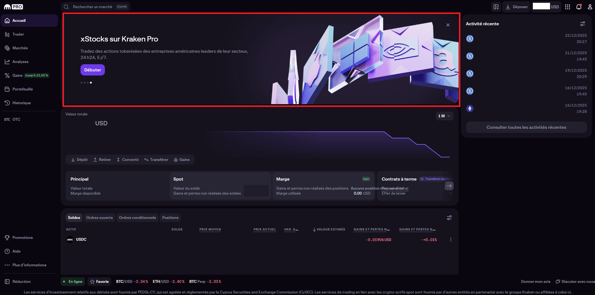 Menu to access xStocks on Kraken Pro