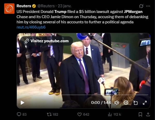 In January 2024, then-former President of the United States Donald Trump sued JPMorgan Chase for closing his bank accounts 