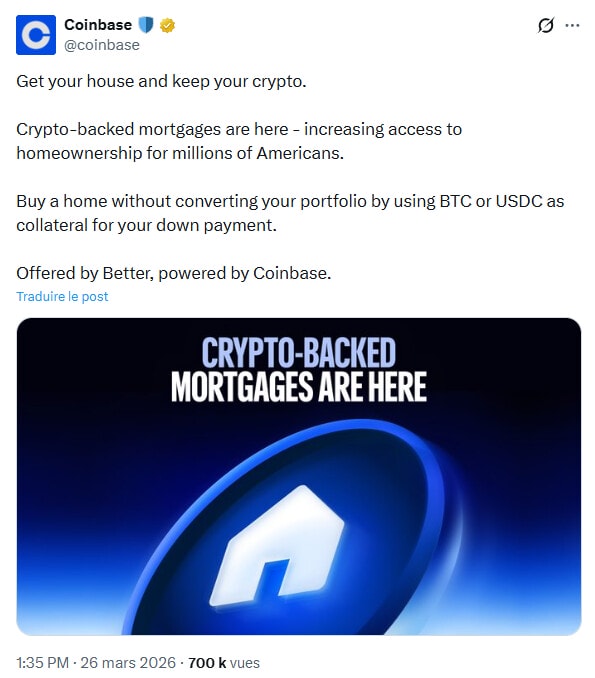 Coinbase offers, with Better Home & Finance, real estate loans guaranteed by cryptocurrencies.