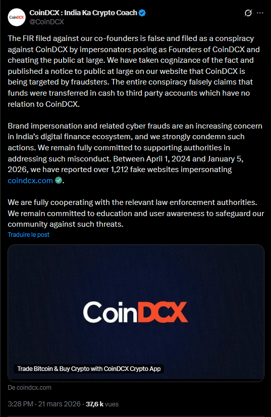 The digital finance sector in India is going through a period of heightened vigilance in the face of an increase in sophisticated cyberattacks. Recently, the CoinDCX company was the subject of a complaint (FIR) targeting its co-founders, a procedure that management describes as a “malicious maneuver based on false allegations”. This situation highlights a strategy of identity theft fraud, where malicious actors pose as platform executives in order to embezzle funds. Preliminary investigations suggest that these impostors trick users into transferring assets or cash to third-party accounts that have no structural connection to the official entity.