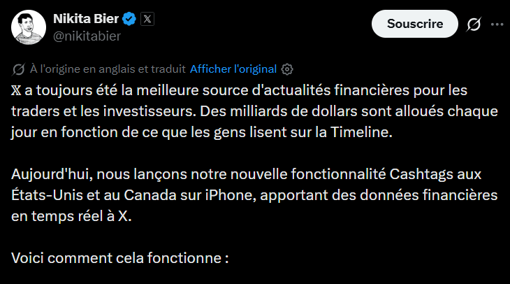 After an announcement focused on crypto made yesterday, Nikita Bier, manager at X, has this time announced the launch of an evolved version of its “Cashtags”. This new interactive feature now allows users to access real-time financial data, including price charts and targeted news feeds, without leaving the app. Initially available to iPhone owners in the United States and Canada, this device aims to transform the Timeline into a usable financial information terminal. Nikita Bier, product manager at the company, emphasizes that this update responds to a market reality where significant volumes of capital depend daily on information shared on the network.