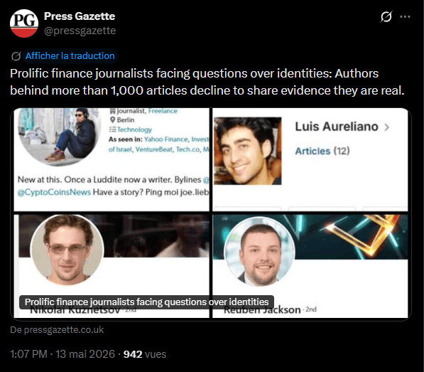 A recent investigation published by the media Press Gazette highlights the possible existence of a coordinated network for the distribution of promotional crypto content within several major financial publications. Four contributors registered under the names Nikolai Kuznetsov, Reuben Jackson, Luis Aureliano and Joe Liebkind have published more than 1,000 articles in around thirty recognized media, including Forbes, HuffPost and VentureBeat. According to the investigation, these profiles have a very limited professional history online and use, in some cases, profile photographs generated by artificial intelligence or reused from public image banks. Questioned by Press Gazette, the editorial staff concerned were not able to formally confirm the real identity of these independent contributors. Here is what we know about this funny affair. 