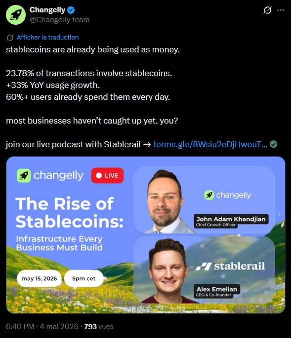 The blurring of boundaries between digital assets and usual monetary circuits is becoming a reality with the normalization of stablecoins in everyday consumption. According to a report published on May 6 by Changelly, in collaboration with Simple, these tokens no longer only serve as a refuge for traders, but are now integrated into liquidity management and local settlements. With a global supply exceeding $300 billion in 2025 and a volume of on-chain transactions approaching $46 trillion, stablecoins are establishing themselves as a resolutely active financial tool. This dynamic reflects a search for stability and practicality on the part of users, who increasingly favor these supports for their daily operations. Details to follow. 