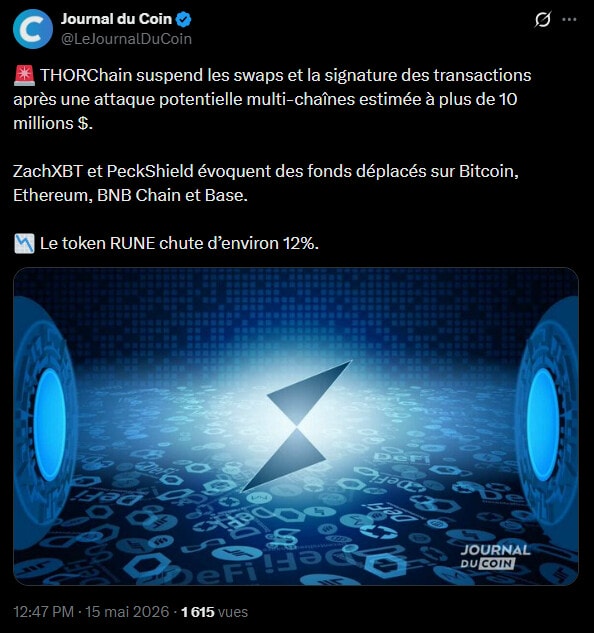 The cryptocurrency sector is once again serving as a hunting ground for hackers. The THORChain protocol has just been targeted by a large-scale attack, which resulted in the misappropriation of more than 10 million dollars. To limit the damage, the team chose the radical measure: temporarily freeze all operations.