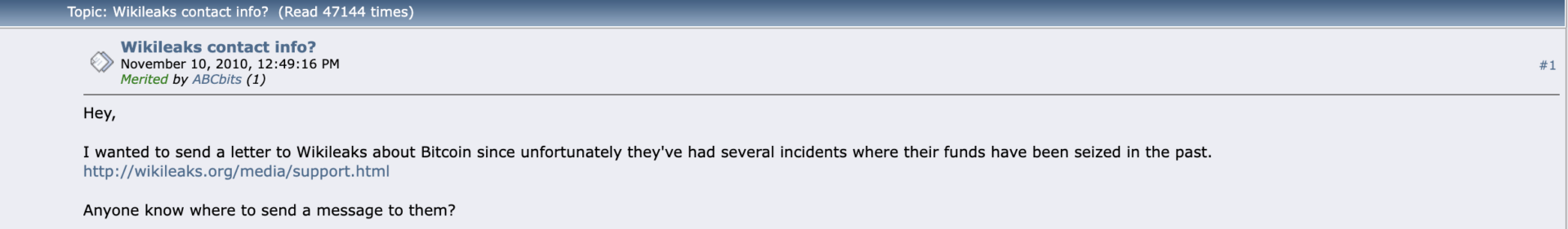On bitcointalk a user mentions for the first time the possibility of making donations in bitcoin 
